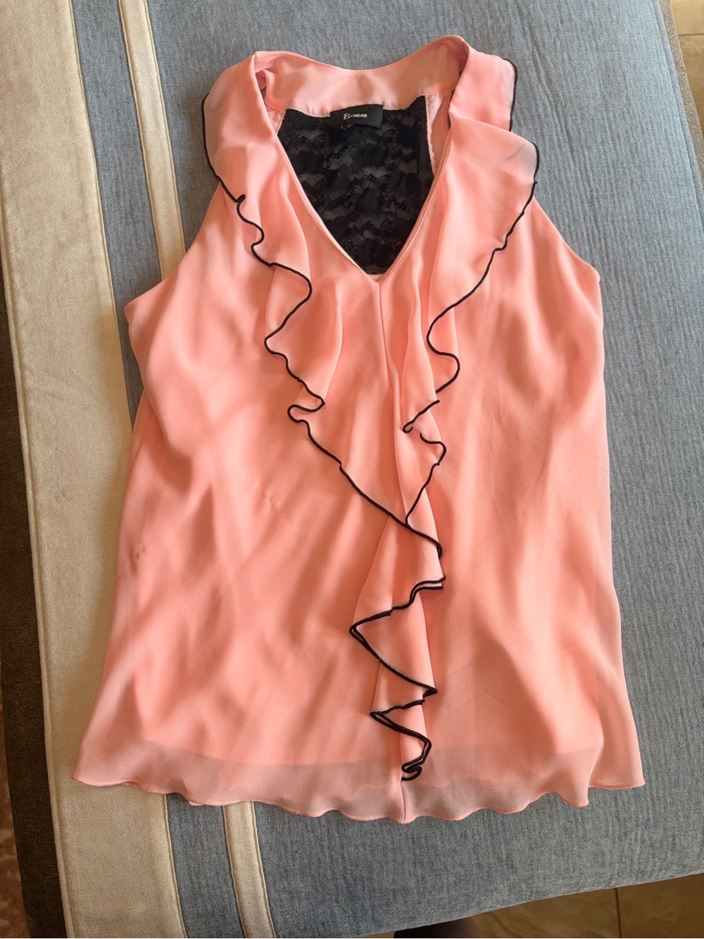 BCX Pink Sleeveless Ruffle V-Neck Camisole with Black Trim